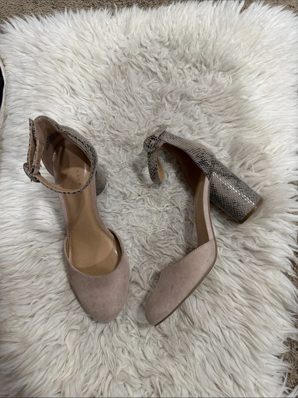 LC Lauren Conrad LC Beige snakeskin‎ print ankle strap block heels Size 9.5